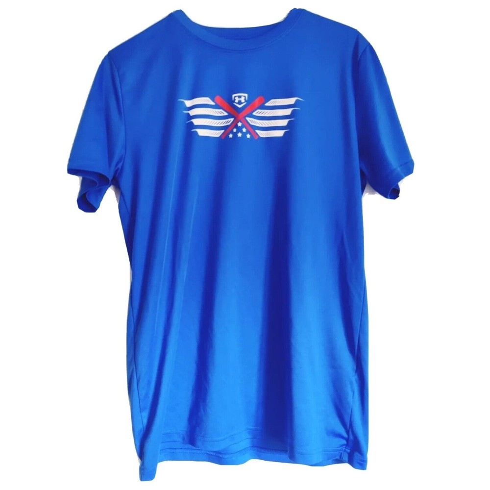 Under Armour Loose Heat Gear Youth XL Blue Athletic Shirt Baseball Patriotic Top